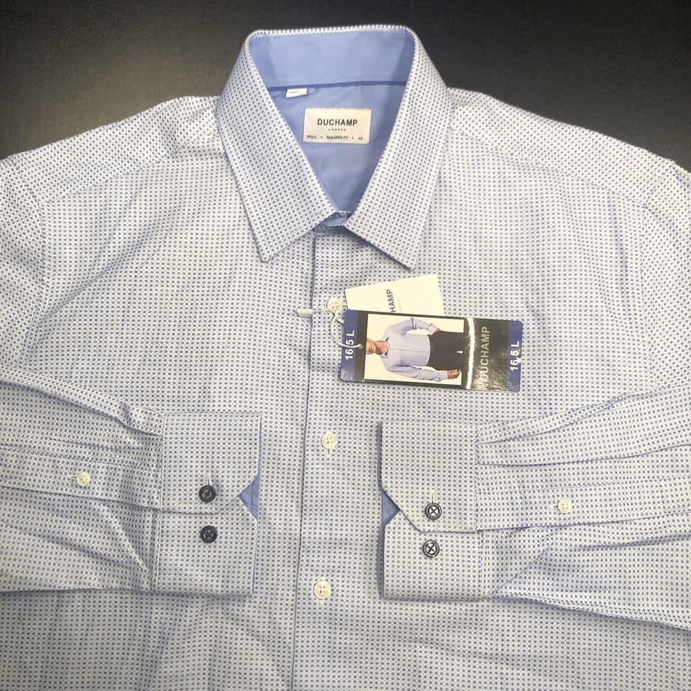 DUCHAMP LONDON Men's Blue Tiny Diamond Pattern Button Down Shirt 16.5/L 42 NWT - Picture 8 of 14
